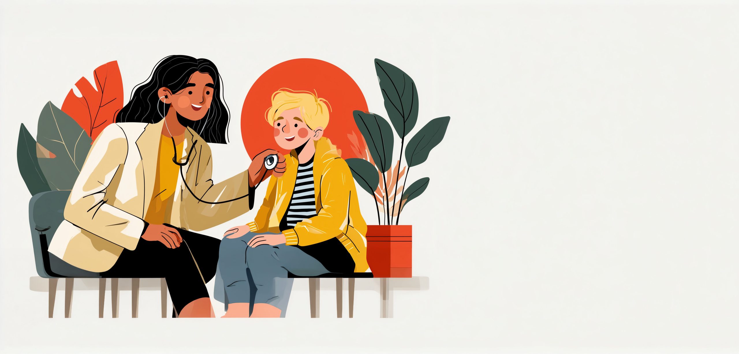 a modern minimalistic illustration showing a examniation scene with a happy female black haired pediatrician with a happy blonde child, --ar 2:1 --profile t6zms88 --v 8.1 Job ID: 76d61518-6514-4d09-bc34-62d090cbb9cd