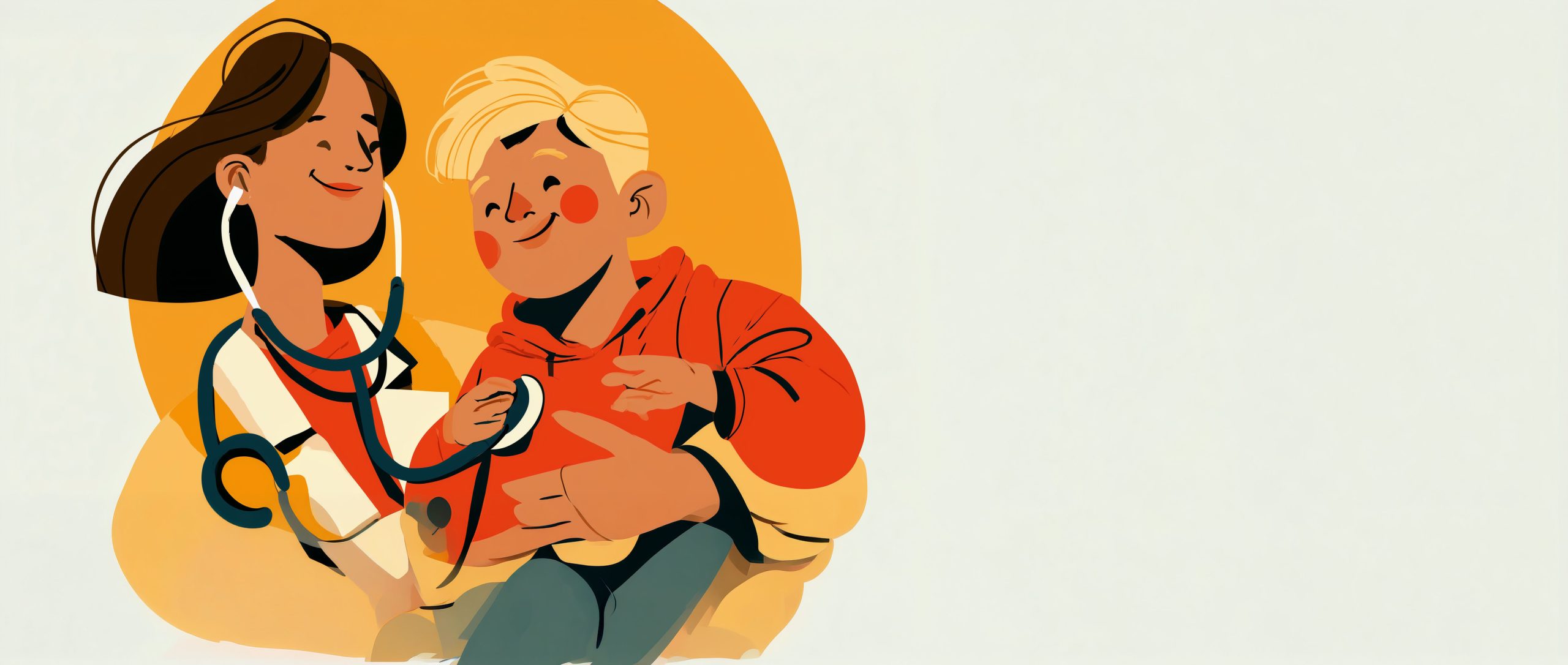 a modern minimalistic illustration showing a examniation scene with a happy female brown haired pediatrician with a happy blonde child, --ar 2:1 --profile t6zms88 --v 8.1 Job ID: 7f436aa9-e7ad-4ab9-a99c-d515ba9d815c