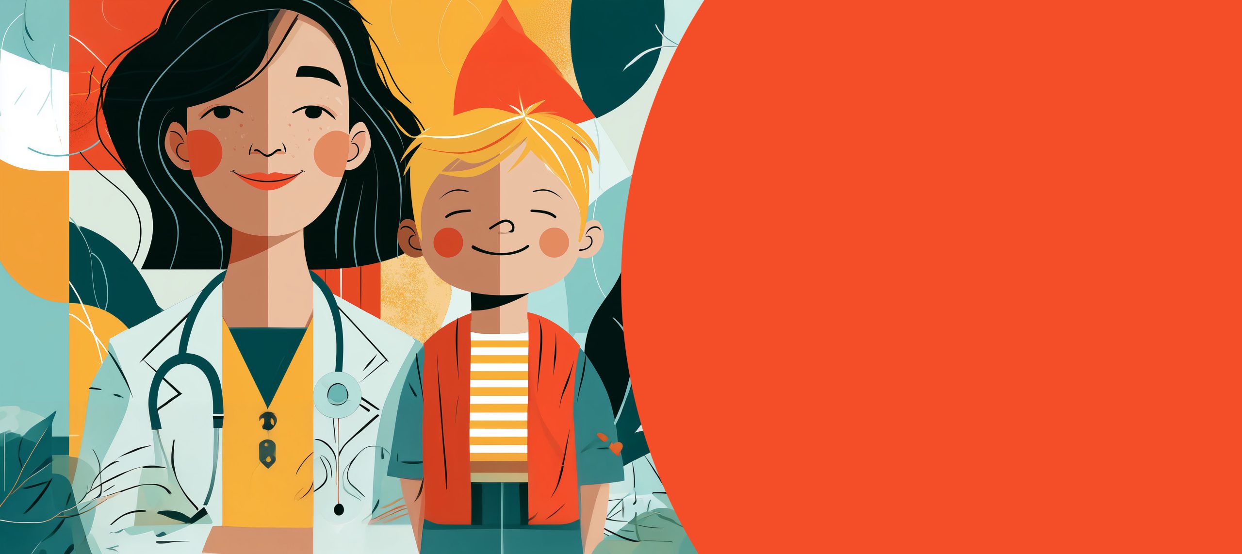 a modern minimalistic illustration showing a examniation scene with a happy female black haired pediatrician with a happy blonde child, --ar 2:1 --profile t6zms88 --v 8.1 Job ID: cf2419fb-3b6b-4f0d-8a08-0e04fe8d21e1
