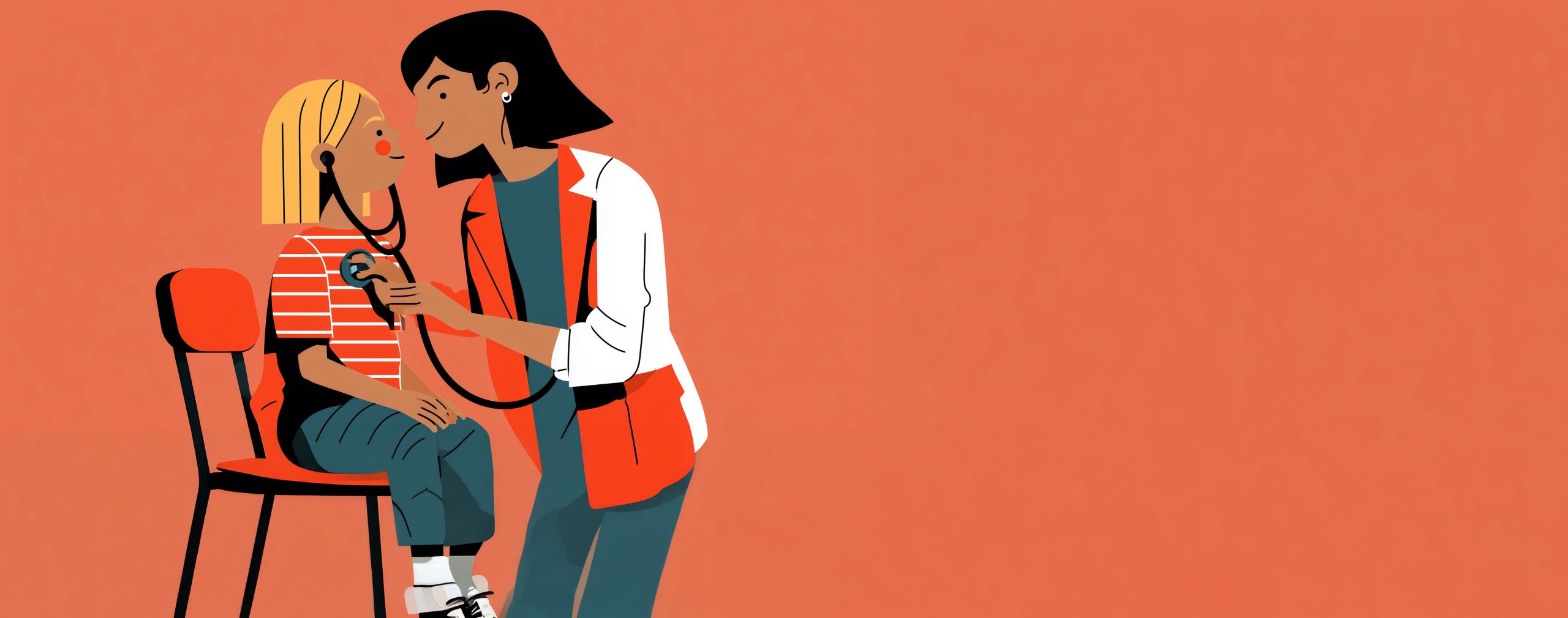 a modern minimalistic illustration showing a examniation scene with a happy female black haired pediatrician with a happy blonde child, --ar 2:1 --profile t6zms88 --v 8.1 Job ID: f398baef-37c8-4317-b196-2c35a79b584c